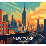 New York travel-poster wrap artwork with a city skyline under a golden sky and the New York label.