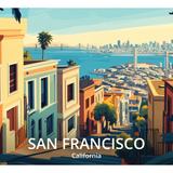 San Francisco travel-poster wrap artwork with hillside buildings, the bay and the San Francisco, California label.