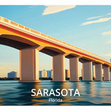 Sarasota travel-poster wrap artwork with a bridge over the water and the Sarasota, Florida label.