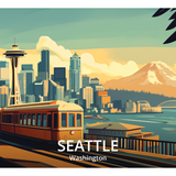Seattle travel-poster wrap artwork with the Space Needle, waterfront, mountains and the Seattle, Washington label.