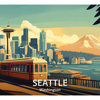 Seattle travel-poster wrap artwork with the Space Needle, waterfront, mountains and the Seattle, Washington label.