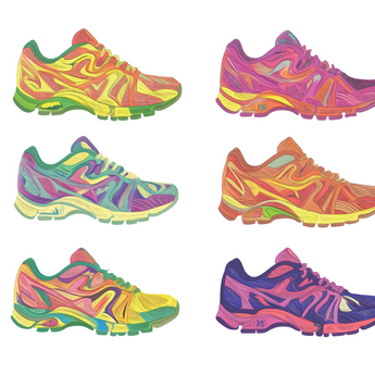 Retro Runners wrap artwork with rows of colorful running shoes on white.