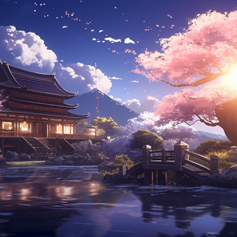Moon-lit Temple wrap artwork with a waterside temple, pink flowering trees and a glowing sky.