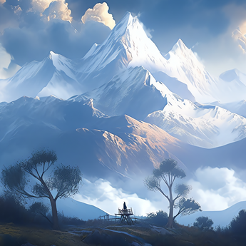 Mountain Peaks wrap artwork with snowy mountains above a misty valley.