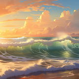 Ocean Waves at Sunset wrap artwork with green-blue surf beneath a golden sunset.
