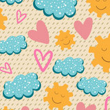 Sunny Smiles Pattern wrap artwork with smiling suns, blue clouds and pink hearts on cream.