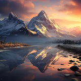 Tranquil Waterscape wrap artwork with snowy mountains reflected in still water at sunset.