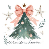 Oh Come Let Us Adore wrap artwork with a Christmas tree, pink bow, stars and holiday script.