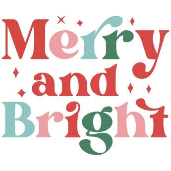 Merry and Bright wrap artwork with colorful holiday lettering and small stars on white.
