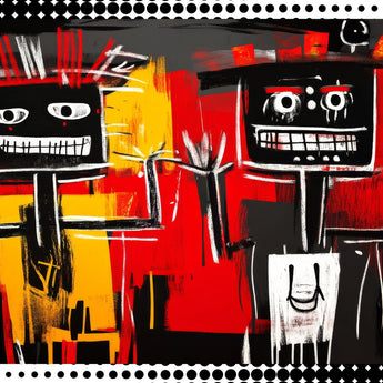 YIKES wrap artwork with two grinning abstract figures against red, yellow and black brushstrokes.
