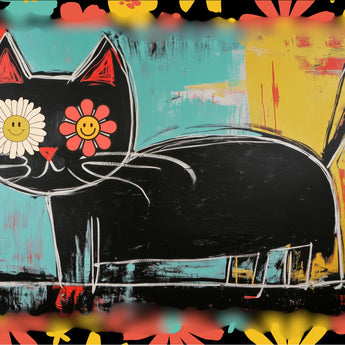 WallFlower wrap artwork with a black cat, flower-shaped eyes and colorful painted surroundings.