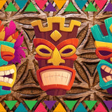 Tiki Me wrap artwork with three colorful tiki masks and patterned borders.