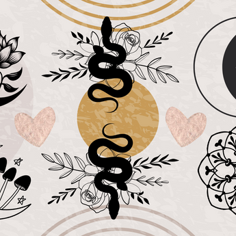 Rattle & Tat wrap artwork with snakes, moons, flowers and tattoo-style symbols on cream.