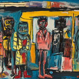 SUB-HUB wrap artwork with colorful, loosely painted figures on a subway platform.