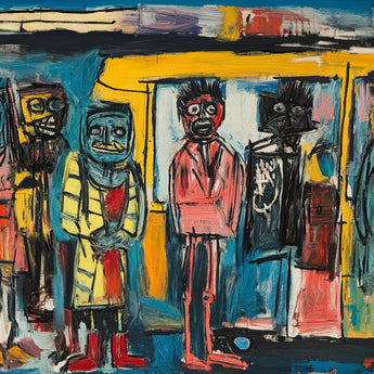SUB-HUB wrap artwork with colorful, loosely painted figures on a subway platform.