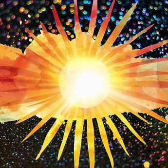 Let the Sun Shine In wrap artwork with a bright yellow sunburst across colorful abstract brushstrokes.
