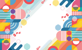 Abstract geometric artwork with colorful shapes, stripes, dots, and rounded blocks arranged around a large blank white center.