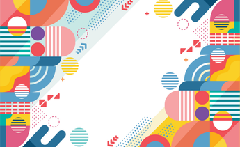 Abstract geometric artwork with colorful shapes, stripes, dots, and rounded blocks arranged around a large blank white center.