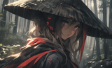 Anime-style character in a misty forest, shown in close-up wearing a large dark hat, hooded dark clothing with red accents, and looking back over one shoulder.