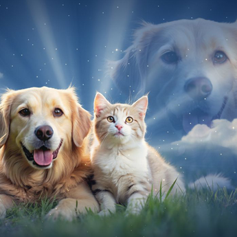Back to the 80s example artwork with a dog and cat beneath larger faded portraits in a starry sky.