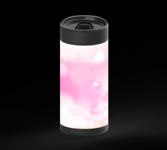 Soft pink and white background with glowing translucent circles and blurred heart shapes scattered across the frame.