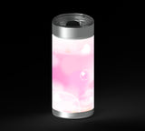 Soft pink and white background with glowing translucent circles and blurred heart shapes scattered across the frame.
