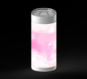Soft pink and white background with glowing translucent circles and blurred heart shapes scattered across the frame.