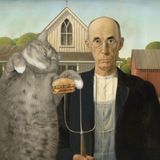 Americat Gothic wrap artwork with a cat beside a solemn farmer in front of a farmhouse.