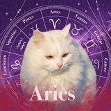 Aries Zodicat example artwork with a white cat, a purple zodiac wheel and Aries lettering.