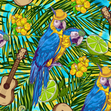 Blue Parrot Lounge wrap artwork with blue parrots, ukuleles, citrus and tropical foliage.