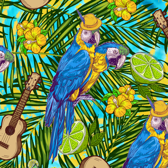 Blue Parrot Lounge wrap artwork with blue parrots, ukuleles, citrus and tropical foliage.