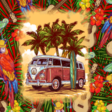 Coral Reefer Van wrap artwork with a red camper van, parrots, palm trees and tropical flowers.