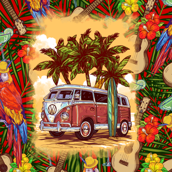 Coral Reefer Van wrap artwork with a red camper van, parrots, palm trees and tropical flowers.