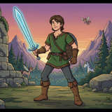 Dungeon's Hero example artwork with a cartoon adventurer holding a glowing sword among castle ruins.