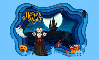 Layered Halloween scene with a cartoon vampire, full moon, haunted castle, bats, ghost, pumpkin, candy, and the words ‘Horror Night’ in orange script.