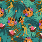 Hula Lounge wrap artwork with ukuleles, flowers and coconut drinks among tropical leaves.