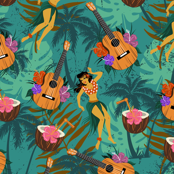 Hula Lounge wrap artwork with ukuleles, flowers and coconut drinks among tropical leaves.