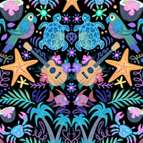 Island Life wrap artwork with sea turtles, whales, fish and tropical flowers on black.