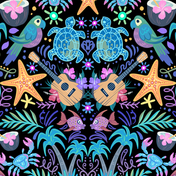 Island Life wrap artwork with sea turtles, whales, fish and tropical flowers on black.
