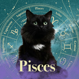Pisces Zodicat example artwork with a black cat, a teal zodiac wheel and Pisces lettering.