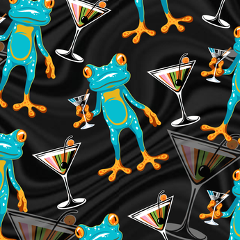 Shaken Not Stirred wrap artwork with turquoise frogs and cocktail glasses on black.