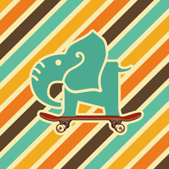 Skatin Ele wrap artwork with a green elephant on a skateboard over diagonal retro stripes.