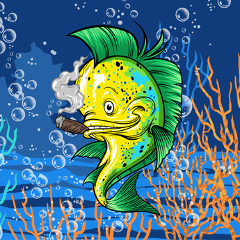 Smokin Mahi wrap artwork with a yellow-green fish, bubbles and coral against blue.