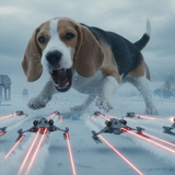 Snow Wars Battle example artwork with a giant beagle above small spacecraft over a snowy landscape.