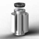 Exploded view of a stainless Wrapware tumbler, removable wrap and lid.