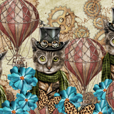 Steampunk Kittens wrap artwork with cats in top hats and goggles, hot-air balloons and blue flowers.
