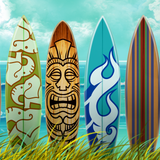 Surf-n-Safari wrap artwork with a row of patterned surfboards by tropical foliage and blue water.