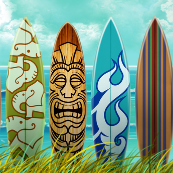 Surf-n-Safari wrap artwork with a row of patterned surfboards by tropical foliage and blue water.