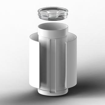 Exploded view of a white-finish Wrapware tumbler, removable wrap and clear lid.