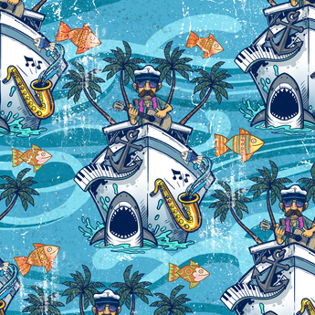 You Had Me at Yacht Rock wrap artwork with boats, sharks, instruments and tropical islands.